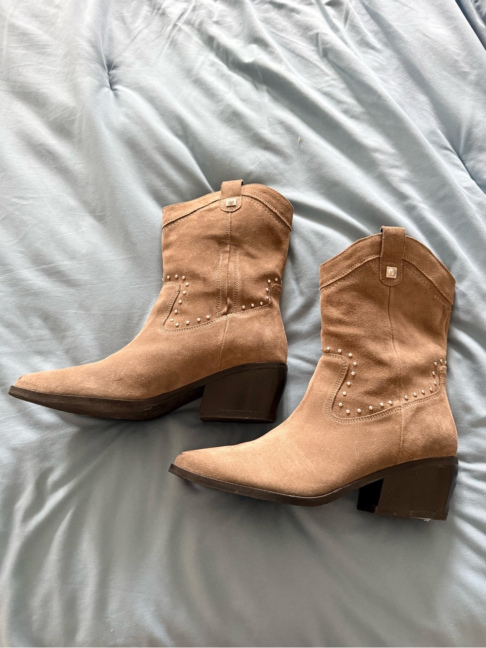 Lucky Brand Taupe Suede Studded Western Ankle Boots